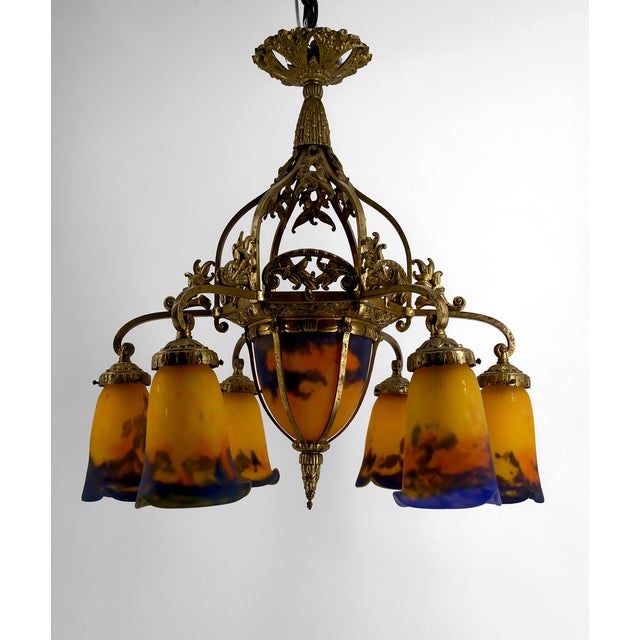 Art Deco Gilded Bronze and Blown Glass Chandelier from Muller Frères Lunéville, France, 1920s For Sale - Image 17 of 17
