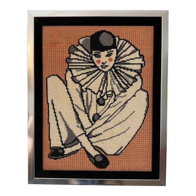 Vintage Framed Needlepoint Artwork Depicting a Seated Pierrot Clown With a Large Ruffled Collar For Sale