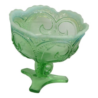 Jefferson Glass Beaded Fleur De Lis Green Opalescent Candy Compote Bowl 4568b For Sale