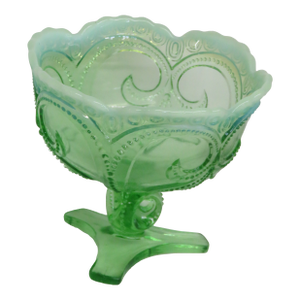 Jefferson Glass Beaded Fleur De Lis Green Opalescent Candy Compote Bowl 4568b