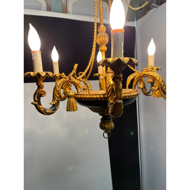 Italian Vintage Italian Florentine and Black Chandelier With Tassel and Tole Decoration For Sale - Image 3 of 13