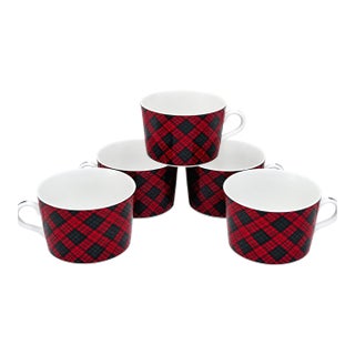 Vintage 1990s Sasaki Tartan Cermaic Cups by Charles Roberts, Red & Green Plaid, Made in Japan, Set of 5 For Sale