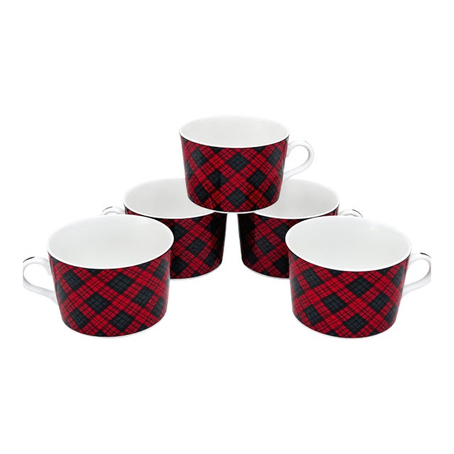 Vintage 1990s Sasaki Tartan Cermaic Cups by Charles Roberts, Red & Green Plaid, Made in Japan, Set of 5 For Sale