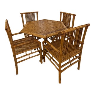 Vintage Bamboo Rattan Reed Dining Game Table & 4 Dining Arm Chairs For Sale