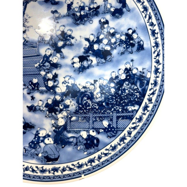 Chinese Late 20th Century Chinese Blue White Porcelain Hundred Boys Charger 14" Large Decorative Plate For Sale - Image 3 of 6