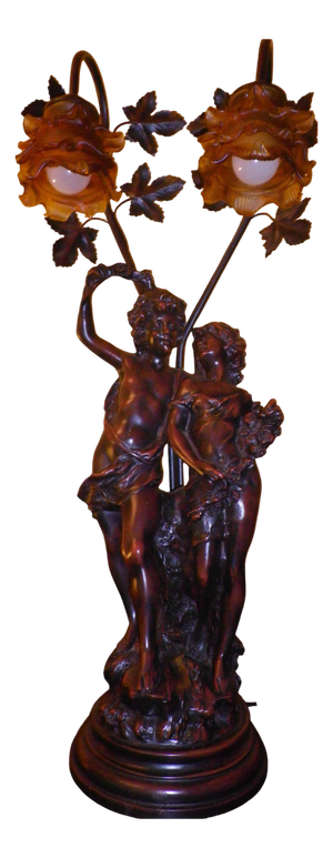 Sculpture of Putti Table Lamp with Amber Molded Glass Tulip Shades in the style of Aug. Moreau, 1890s