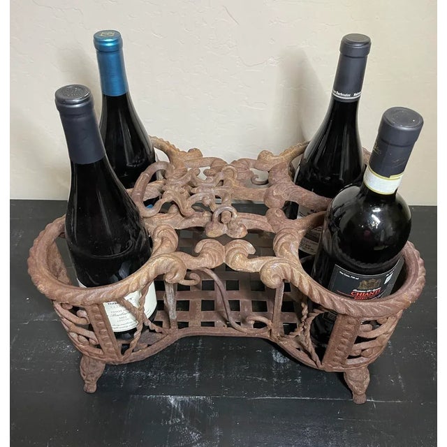Antique French Country Cast Iron & Wrought Iron Wine Bottle Holder Display Stand For Sale - Image 4 of 12