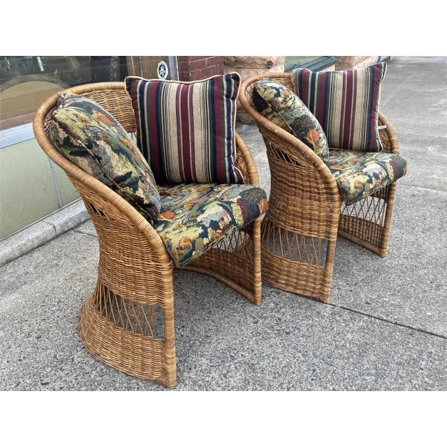 Natural Wicker Mid Century Chairs With Fishing Upholstery & Pillows a