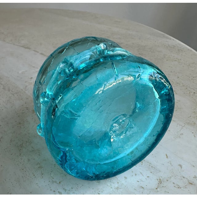 1960s Turquoise Blue Blenko or Empoli Style Crackle Glass Bottle With Stopper For Sale In San Diego - Image 6 of 8
