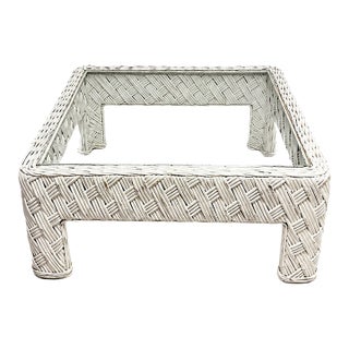 1980s Coastal White Woven Rattan Glass-Top Coffee Table For Sale