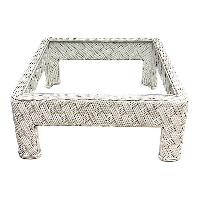 1980s Coastal White Woven Rattan Glass-Top Coffee Table For Sale