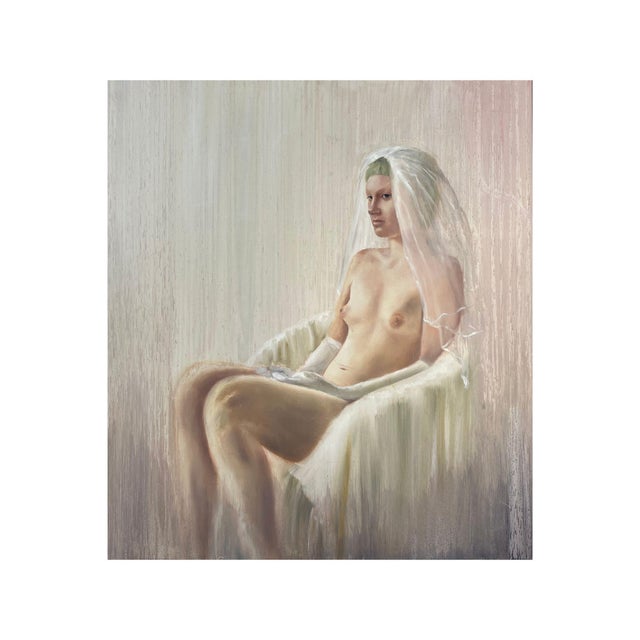 About the painting a delicate oil painting capturing a moment of stillness. The composition focuses on a nude figure...