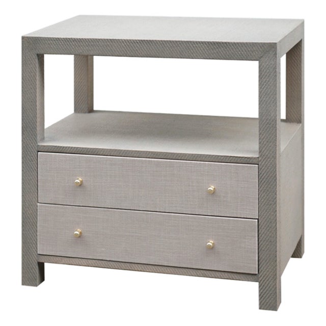 Matthew Izzo Home Hattie Grey Linen Two Drawer Side Table With Grey Grasscloth Frame and Brass Accents For Sale