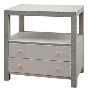 Matthew Izzo Home Hattie Grey Linen Two Drawer Side Table With Grey Grasscloth Frame and Brass Accents