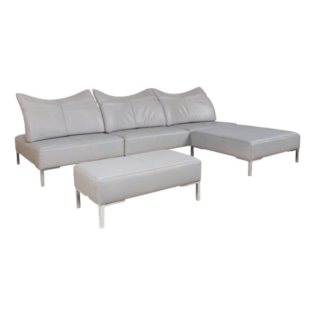 DS-112 3-Seater Sofa and Ottomans in Grey Leather from de Sede, Set of 3 For Sale