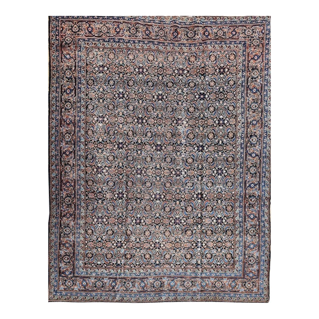 Antique Persian Tabriz Rug, Hand-Knotted Wool, Allover Herati Geometric Pattern, Ivory & Blue, 8x12 For Sale