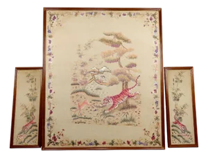 Indochinese Embroidered Silk Tapestries, Vietnam, 1930s, Set of 3