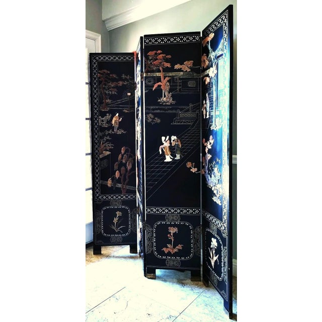 Mid 20th Century Chinese Export Four Panel Carved Soapstone Coromandel Screen For Sale - Image 4 of 9