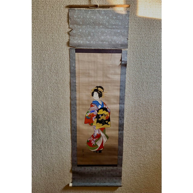 Mid 20th Century Mid 20th Century Japanese Woodblock Print Scroll Depicting a Standing Beauty For Sale - Image 5 of 12