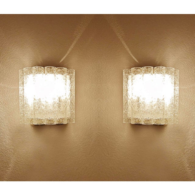 Pair Vintage Doria wall sconces featuring each 6 Murano glass tube panels with structured surface that diffuse the light,...