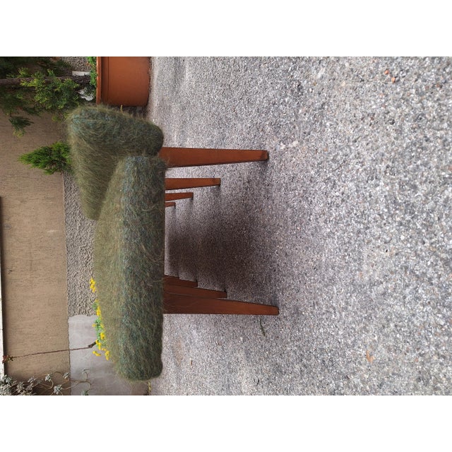 Brown Bench in Light Wood with Green Fabric, 1960s For Sale - Image 8 of 14