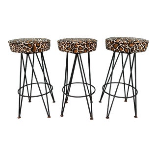 1950s Mid Century Vintage Fredrick Weinberg Style Animal Print Stools - Set of 3 For Sale