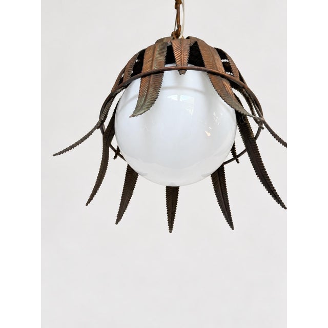 Metal 1950s Spanish Copper-Plated Iron Leaf Pendant With Opaline Glass Globe For Sale - Image 7 of 12