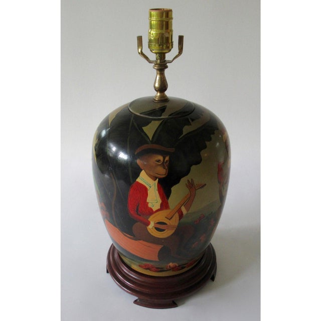 Chinoiserie C.1950's-60's Gump'S Dept. Store Asian Chinoiserie Porcelain Ceramic Ginger Jar Lamp With Monkey Motif For Sale - Image 3 of 12