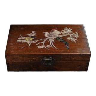 Wooden Box With Mother-of-Pearl Bird and Floral Inlay For Sale