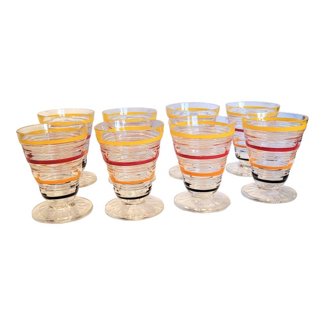 Vintage Anchor Hocking Banded Ring Footed Juice Glasses - Set of 8 - Yellow/Red/Orange/Black For Sale