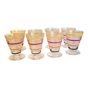 Vintage Anchor Hocking Banded Ring Footed Juice Glasses - Set of 8 - Yellow/Red/Orange/Black