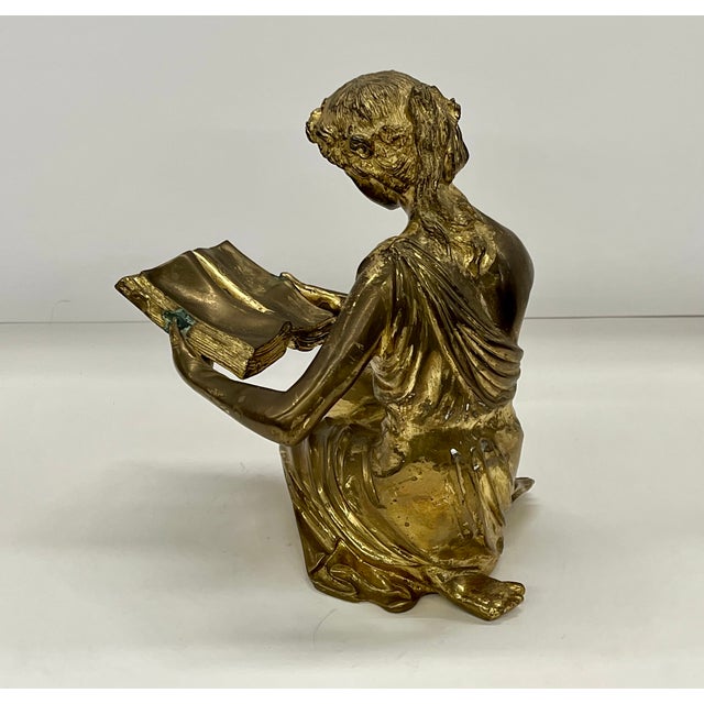 Metal Vintage Maitland-Smith Grecian Reader Sculpture | Heavy Brass/Bronze Patina Figure Holding Book | Neoclassical Library Decor | Made in Thailand For Sale - Image 7 of 10
