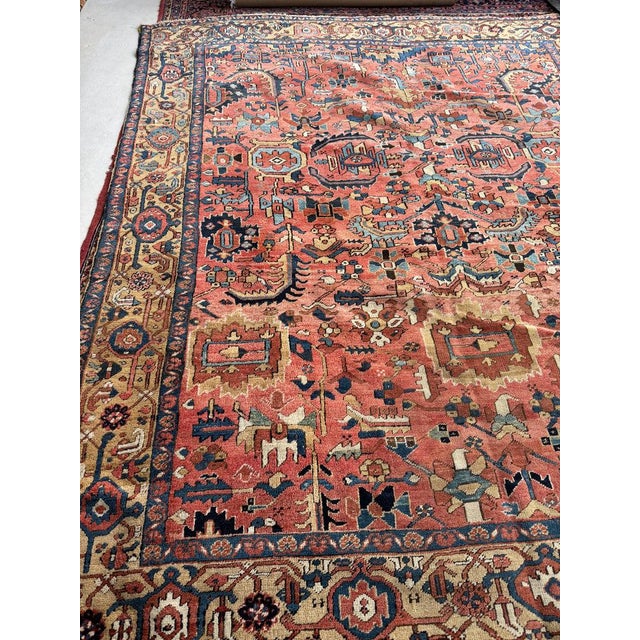 Persian Antique Heriz Village Carpet Rare Camel Border with Coral Ground in Naive Harshang Design with Sickle Leaf Motif Rug 9.4 x 11.4 For Sale - Image 3 of 16