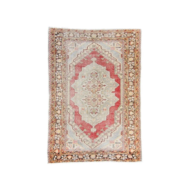 1950s Vintage Oushak Medallion Rust Red Brown Small Accent Hand-Knotted Wool Rug 1950s - 4’3” X 6’ For Sale - Image 10 of 10