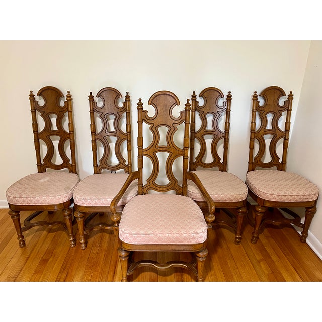 Vintage 1960’s Drexel chairs designed by Jim Peed. Set comes with 4 standard and 1 captain’s chair.