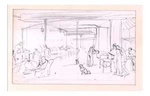 Tony Johannot - People in Room with Dog in the Middle - Original Pencil and ink
