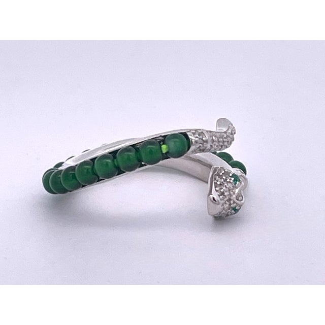Silver Wrap-Style Cocktail Ring With Green Jade and Cubic Zirconia, Size 6.5 For Sale In Los Angeles - Image 6 of 9