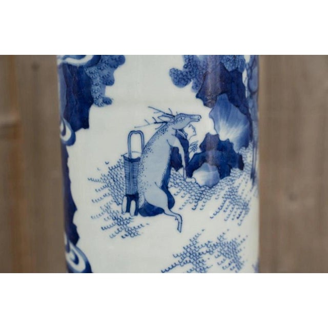 Chinese Blue and White Porcelain Sleeve Vase with Warriors and Military Procession For Sale - Image 15 of 18