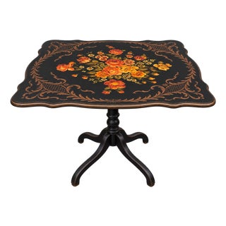 Vintage Hand-Painted Floral Ebonized Tilt-Top Table | Scalloped Top & Pedestal Base For Sale