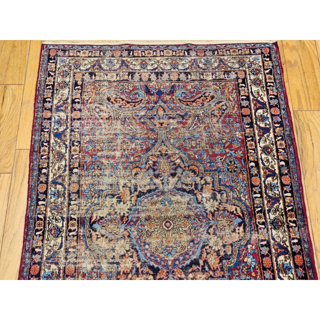 Red 19th Century Persian Kashan Rug, Hand-Knotted Wool, Medallion Floral Design, Red & Navy, 4x7 For Sale - Image 8 of 18