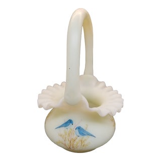 Fenton Art Glass Hand Painted Blue Birds on Custard Glass Basket, Signed For Sale