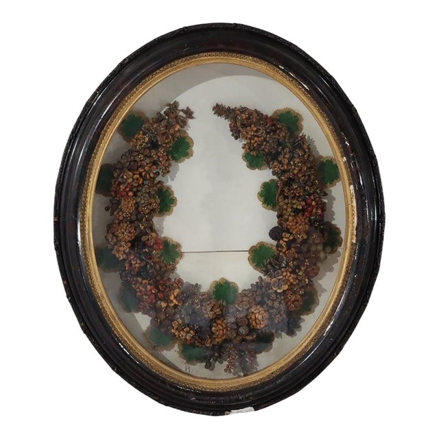 Antique Victorian Shadow Box Wall Hanging With Wax Wreath, Circa 1900 For Sale
