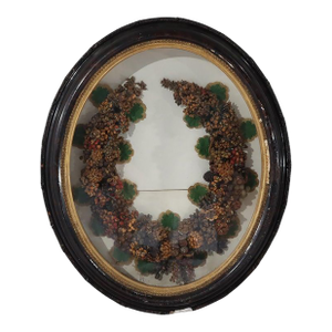 Antique Victorian Shadow Box Wall Hanging With Wax Wreath, Circa 1900