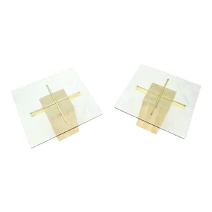 Travertine Bases Cross Support Glass Top End Side Occational Tables Stands - A Pair