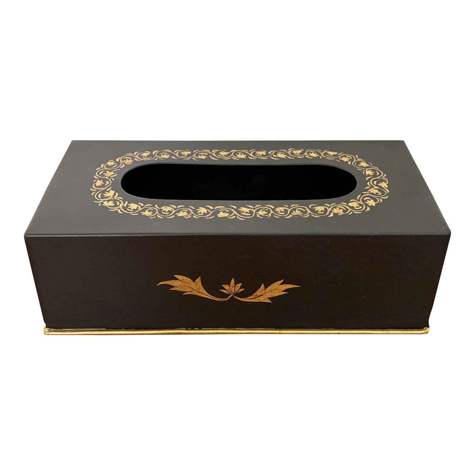 Mid 20th Century Regency Black Gold Painted Tissue Box Cover | Chairish