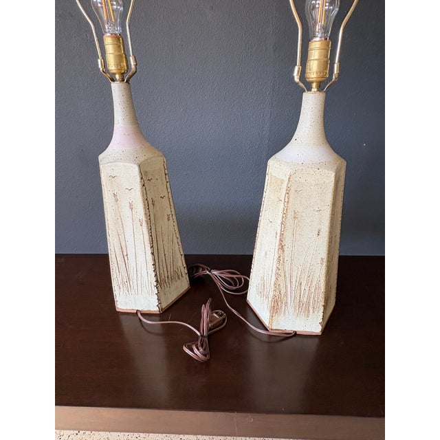 1970s Organic Modern Table Lamps in Stoneware & Brass - a Pair For Sale - Image 15 of 17