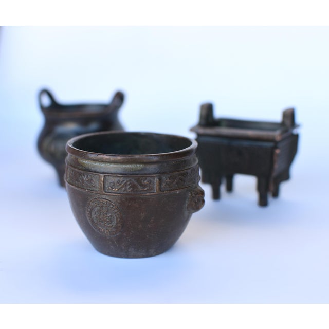 Antique Chinese Mini Bronze Censers Set of 3 Incense Burners For Sale - Image 12 of 15
