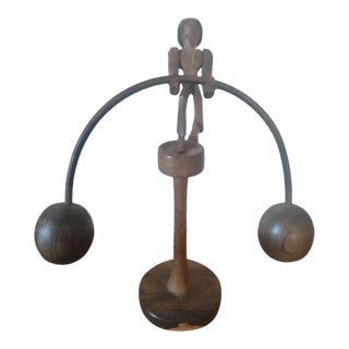Vintage Wooden Folk Art Hand Carved Balancing Man Toy For Sale