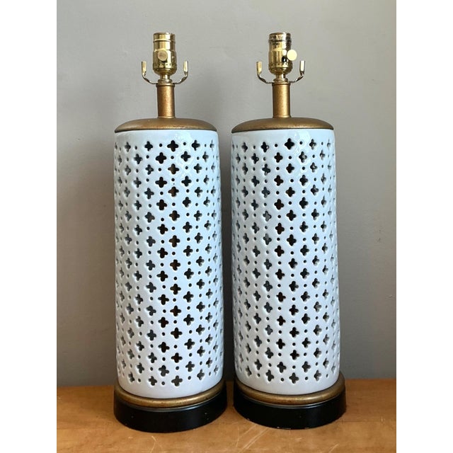 White Vintage Perforated Ceramic Table Lamps - Pair For Sale - Image 8 of 13