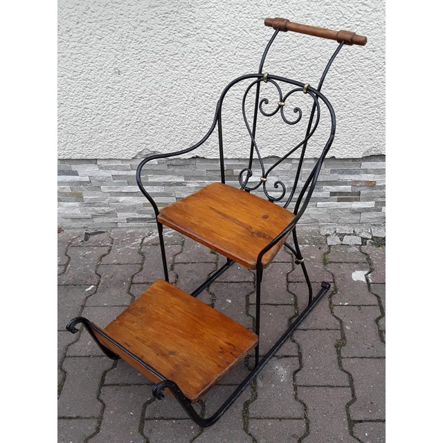 German Child's Carriage Seat with Wrought Iron Frame, Spruce Wood Handle and Spruce Wood Panels, 1900s For Sale - Image 4 of 8